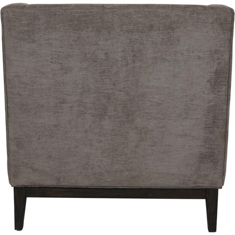 Back view of grey fabric armchair with dark wooden legs.
