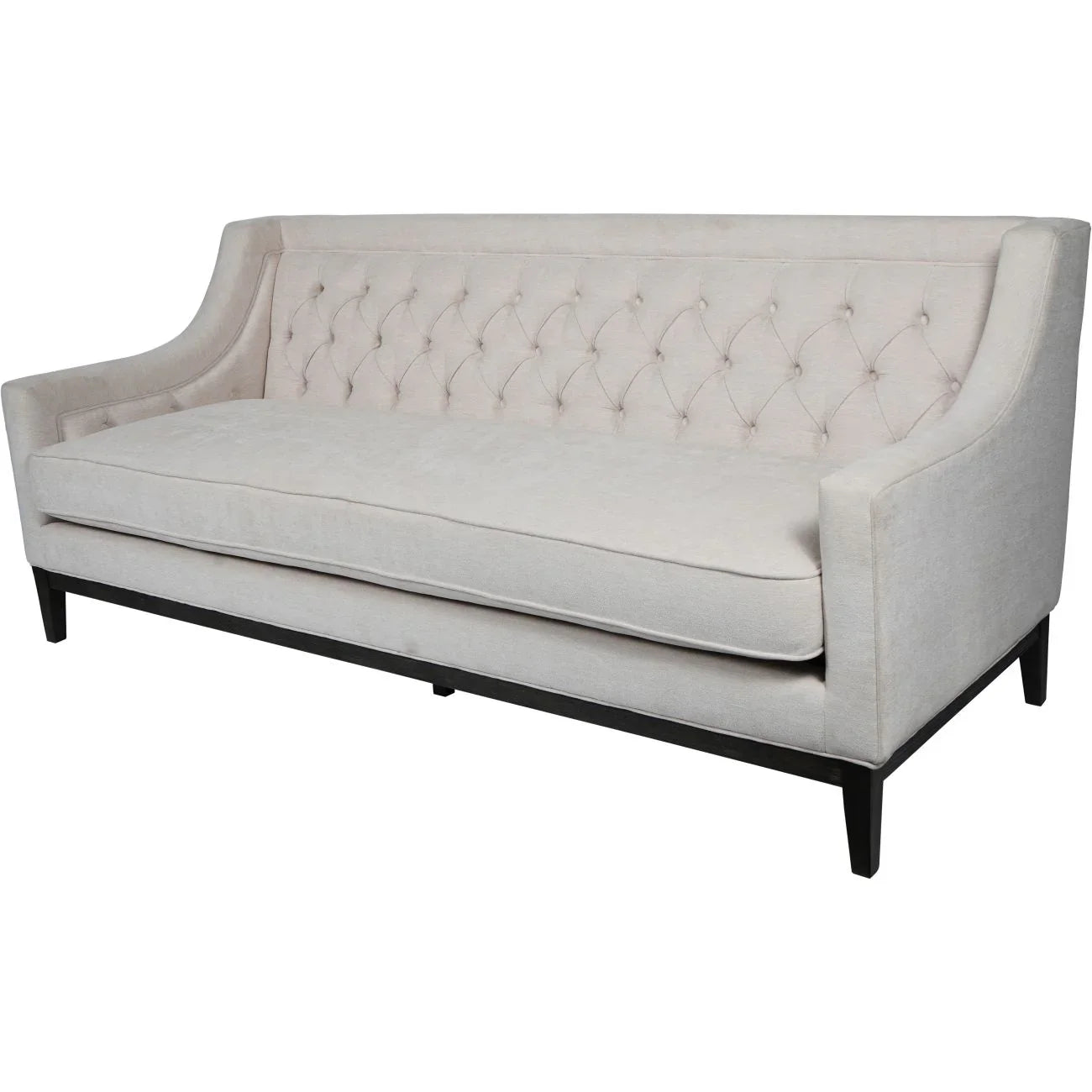 Ivory fabric sofa with buttoned backrest and sleek black legs.