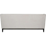 Back view of ivory fabric sofa with dark wooden legs