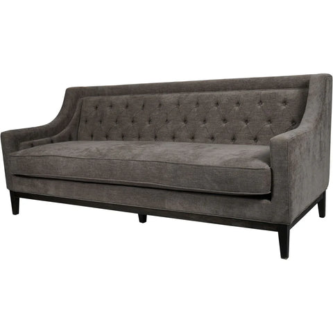 Warm grey fabric sofa with buttoned backrest and sleek black legs.