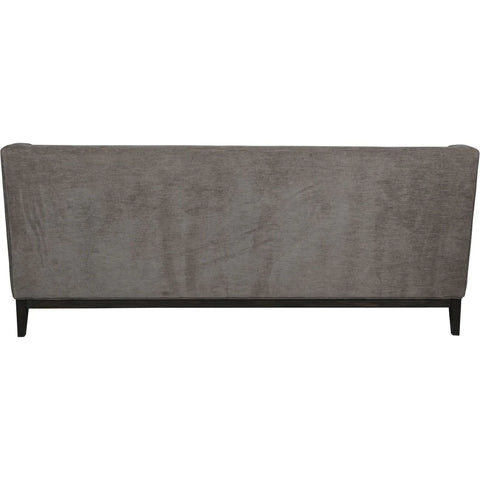 Warm grey fabric sofa back view with sleek black legs.