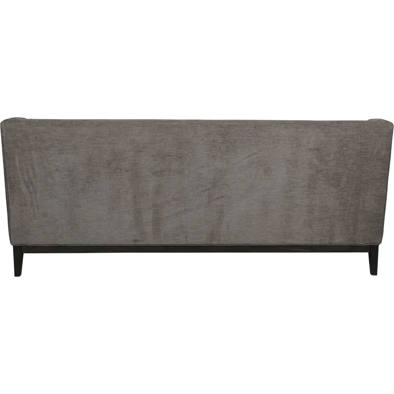 Warm grey fabric sofa back view with sleek black legs.