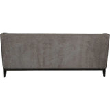Warm grey fabric sofa back view with sleek black legs.