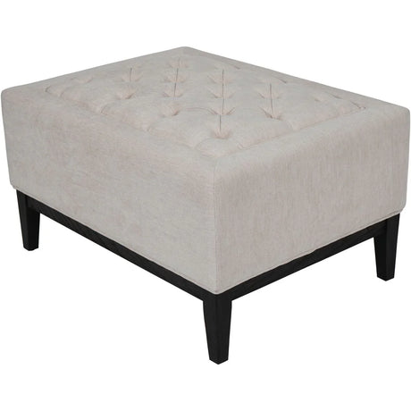 Ivory fabric stool with buttoned top and dark wooden legs.