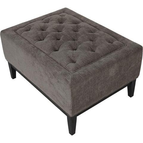 Warm grey fabric stool with button-tufted top and dark legs.