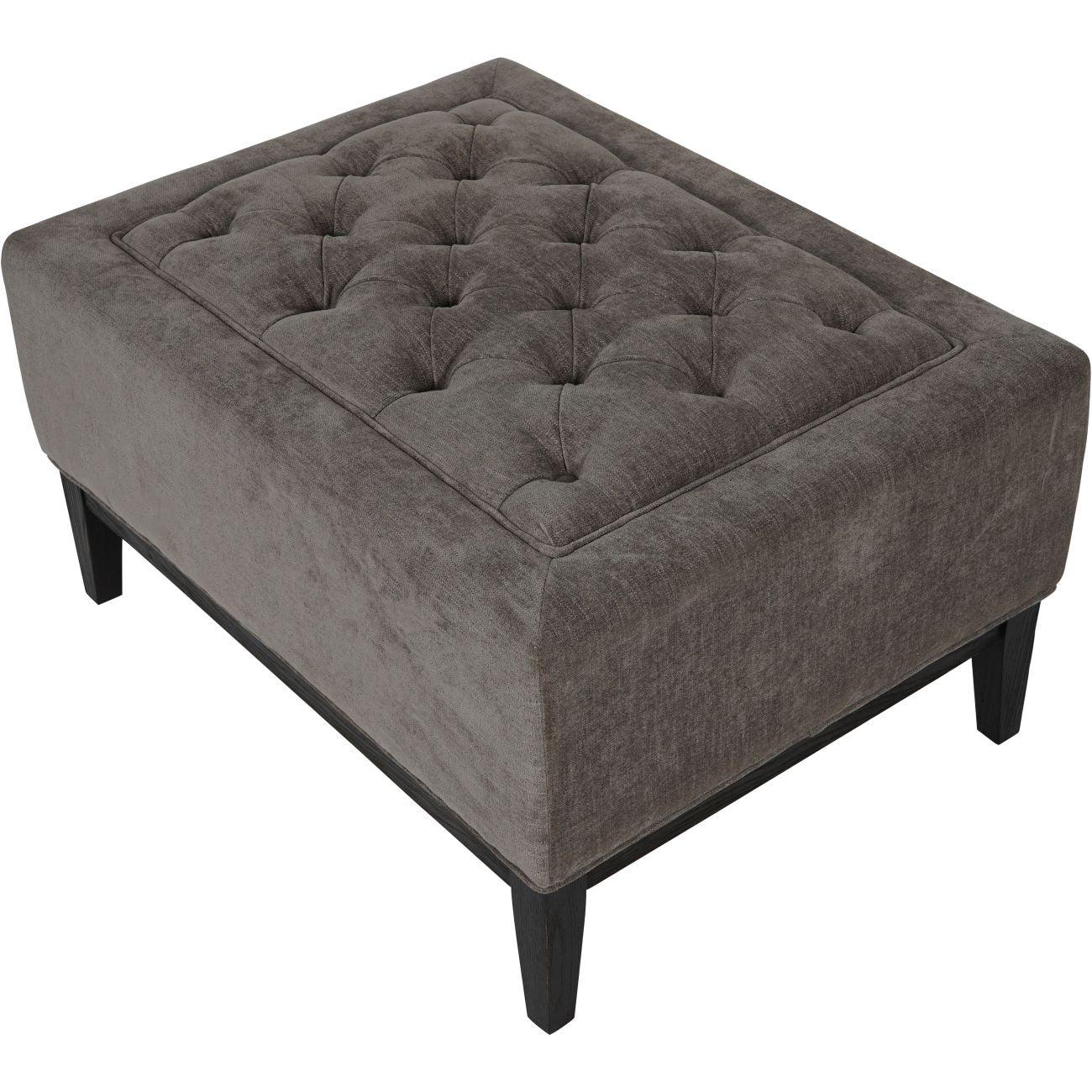 Warm grey fabric stool with button-tufted top and dark legs.