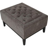 Warm grey fabric stool with button-tufted top and dark legs.
