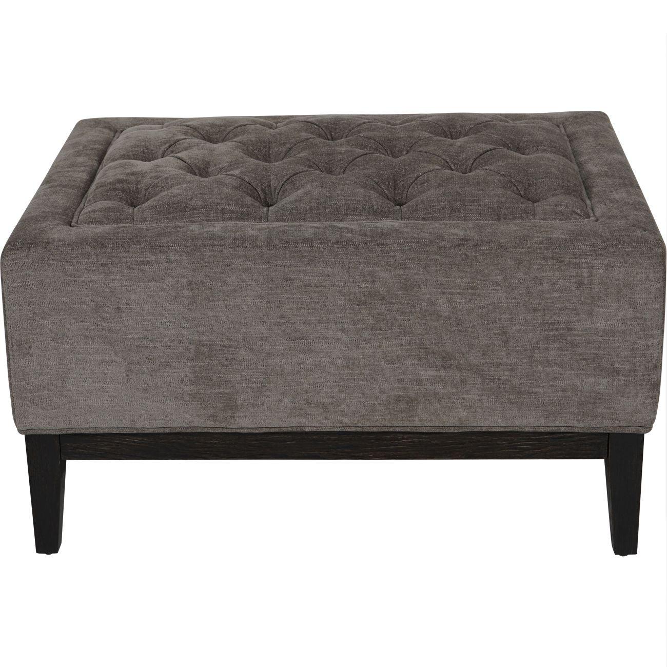 Warm grey buttoned fabric stool with dark wooden legs | Home Centre Direct UK