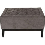 Warm grey buttoned fabric stool with dark wooden legs | Home Centre Direct UK