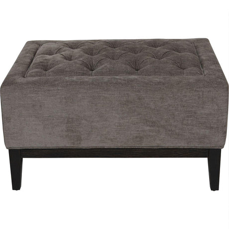 Warm grey buttoned fabric stool with dark wooden legs | Home Centre Direct UK