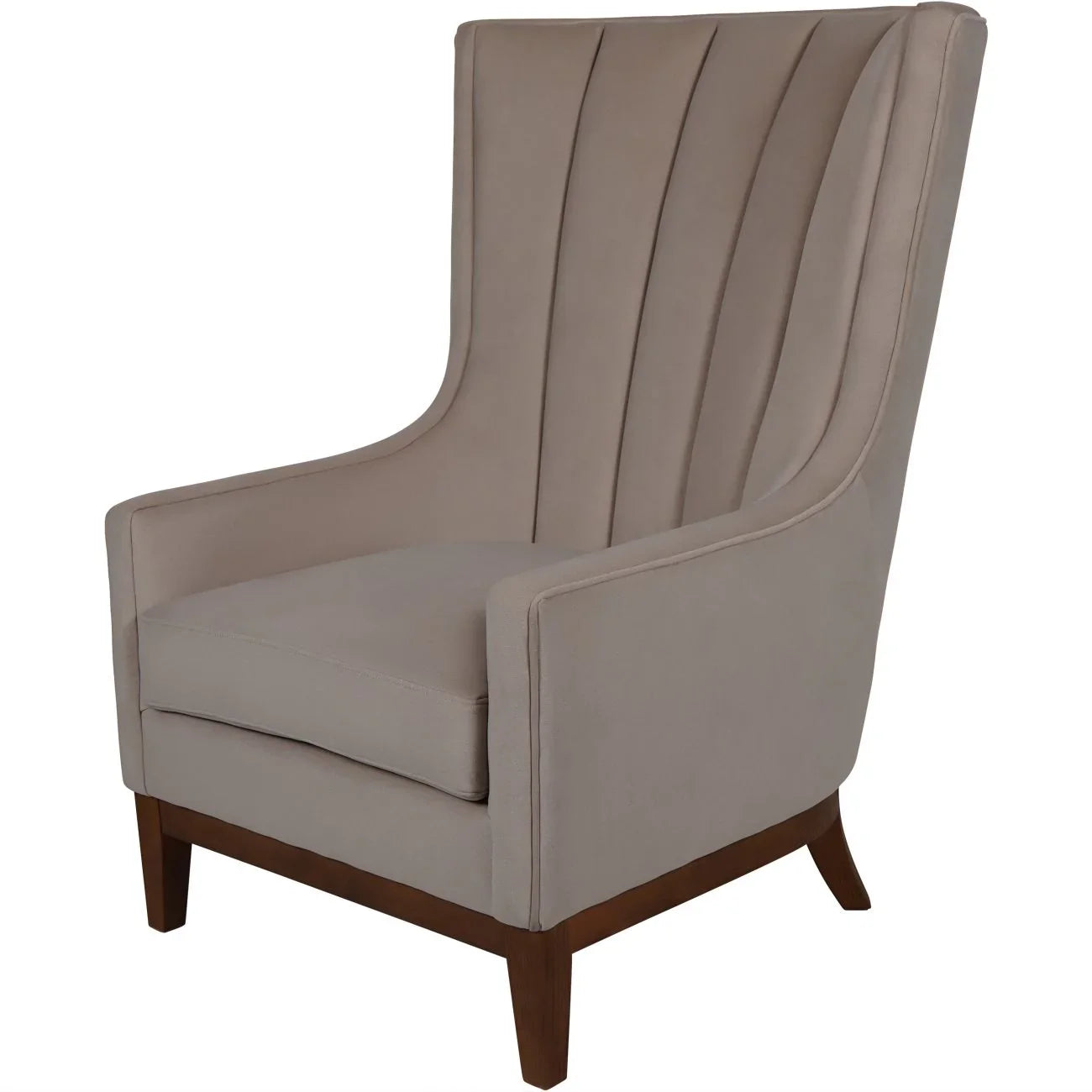 Taupe upholstered chair with high back and wooden legs.