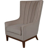 Taupe upholstered chair with high back and wooden legs.