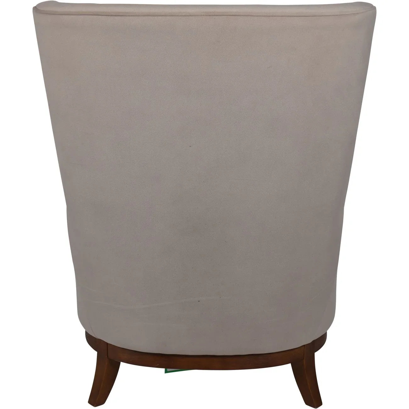 Back view of taupe chair with curved wooden legs.