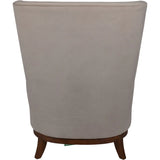 Back view of taupe chair with curved wooden legs.