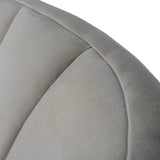 Taupe chair back with soft, textured upholstery and subtle stitching.
