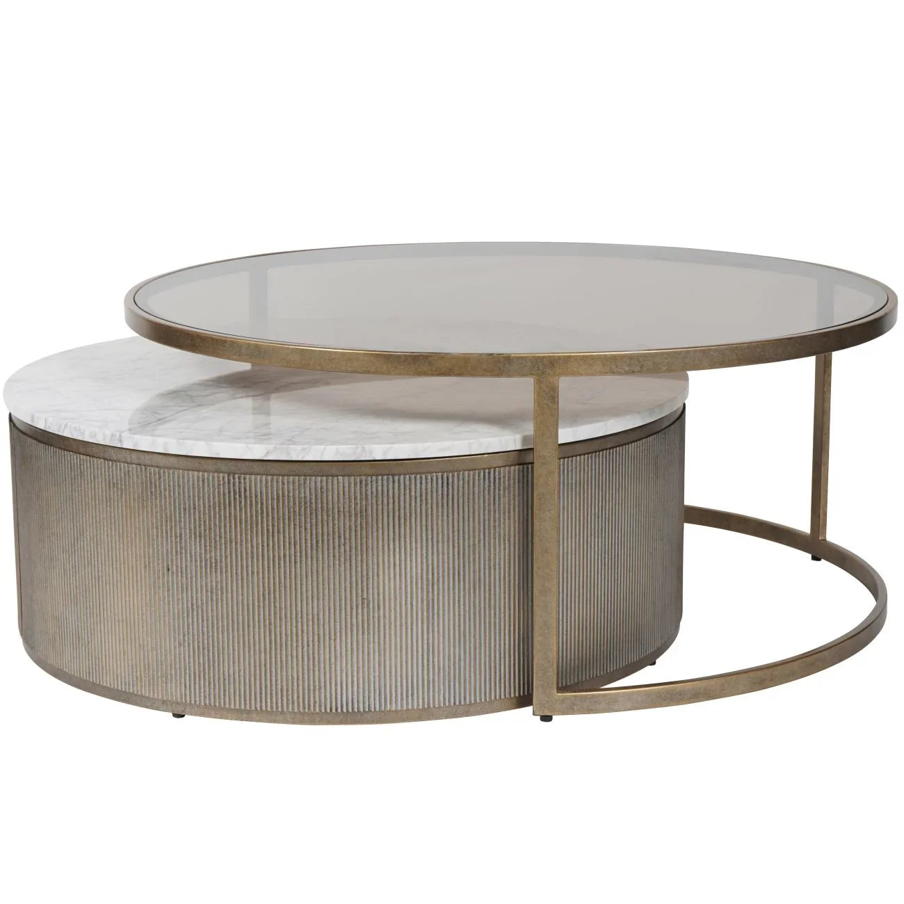 Aged gold nesting tables with ribbed texture and glass top.