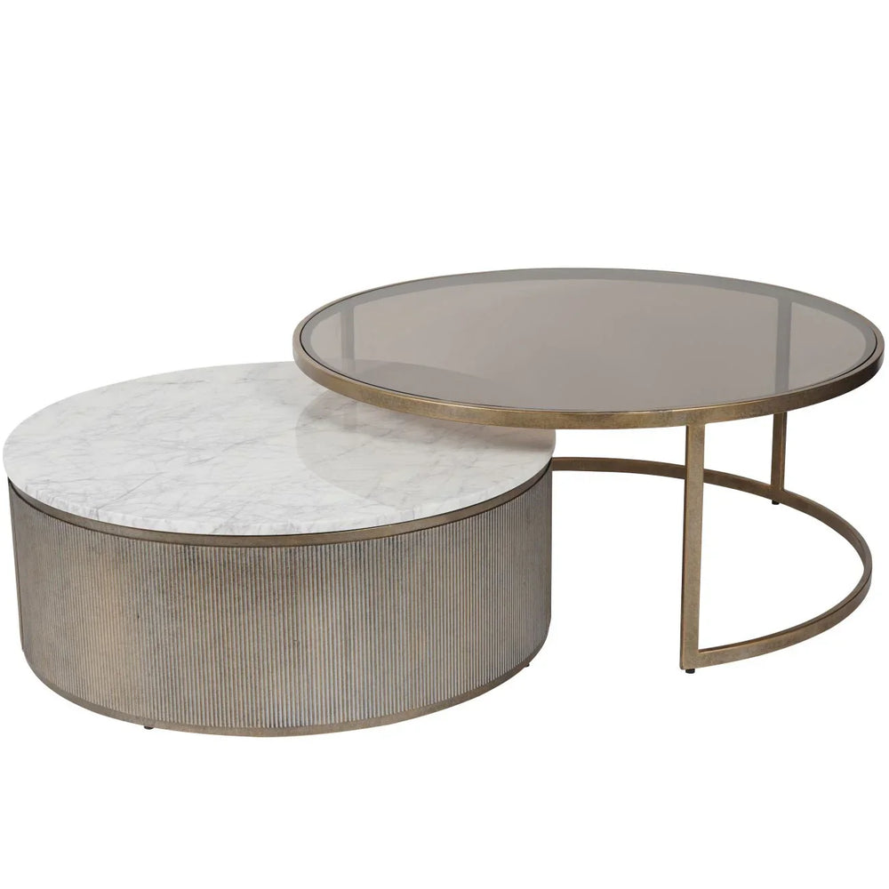 Aged gold nesting coffee tables with marble and glass tops | Home Centre Direct UK