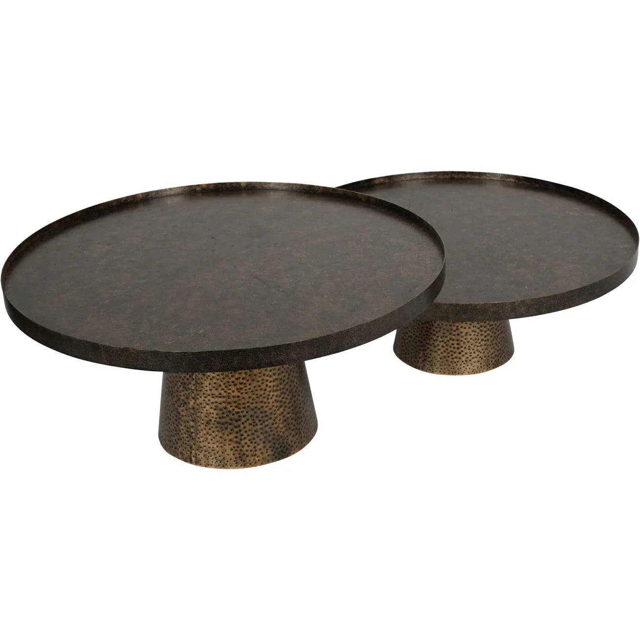 Two round iron coffee tables with textured antique gold finish.