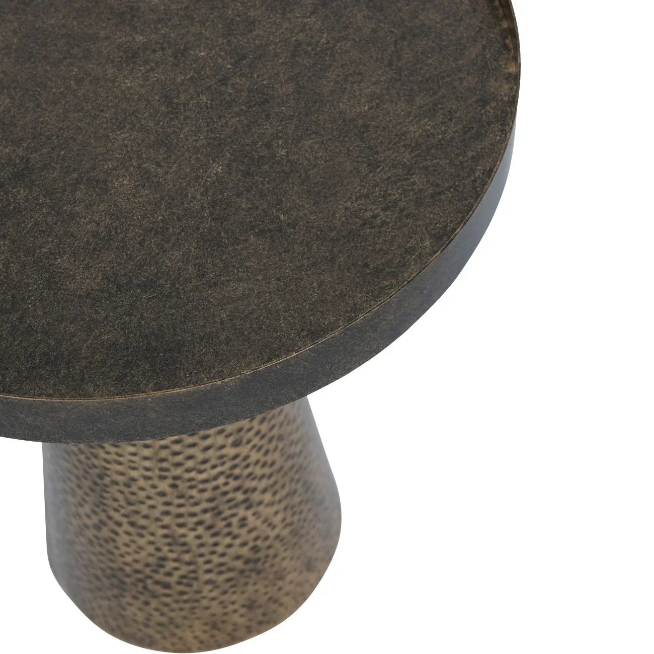 Dark round table top with textured, hammered base in antique gold.