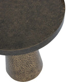 Dark round table top with textured, hammered base in antique gold.