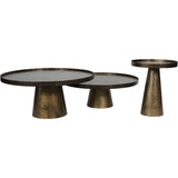 Three antique gold side tables with hammered texture and conical bases.