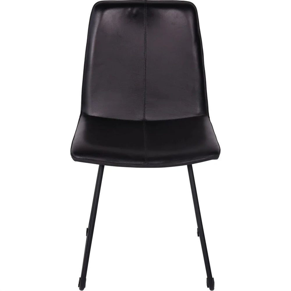 Charcoal leather dining chair with sleek black metal legs.