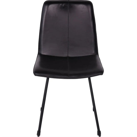 Charcoal leather dining chair with sleek black metal legs.