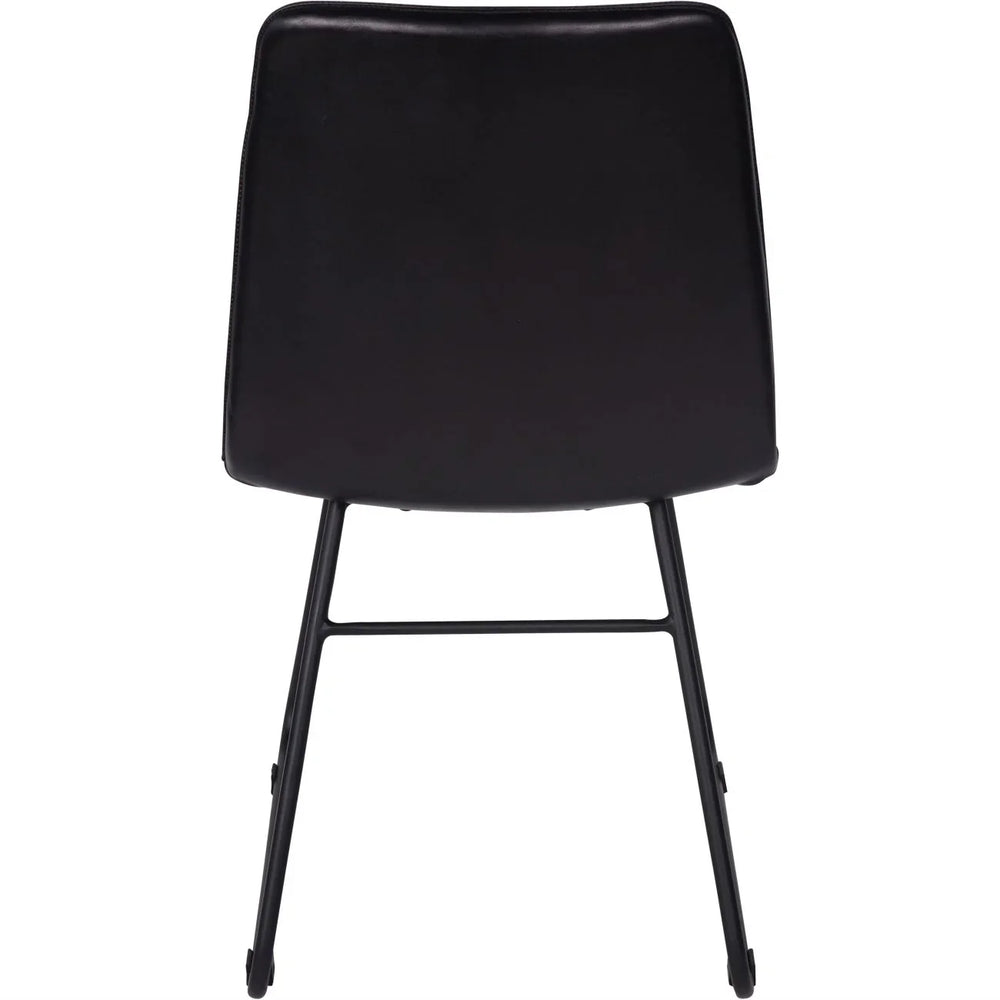 Back view of a charcoal leather dining chair with sleek black legs.