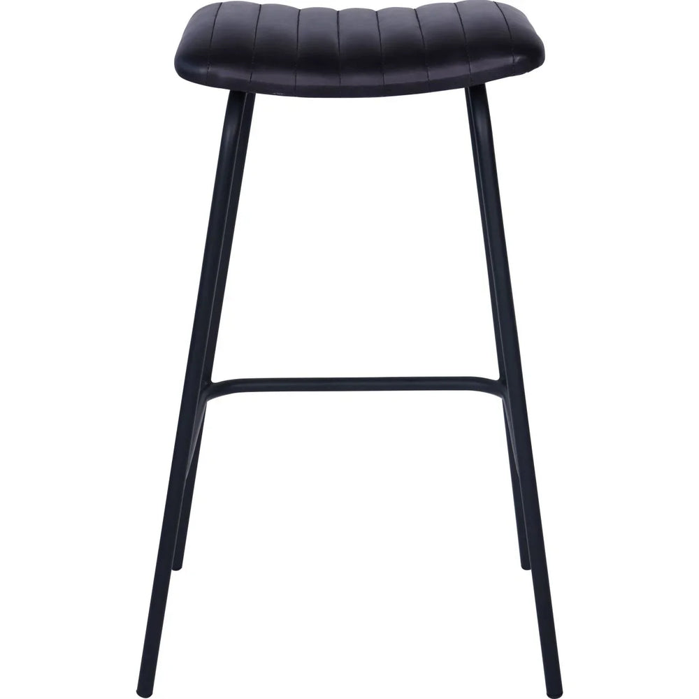 Charcoal leather bar stool with ribbed seat and sleek black legs.