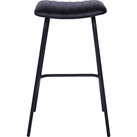 Charcoal leather bar stool with ribbed seat and sleek black legs.