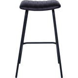 Charcoal leather bar stool with ribbed seat and sleek black legs.