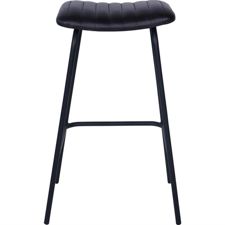 Charcoal leather bar stool with ribbed seat and sleek black legs.