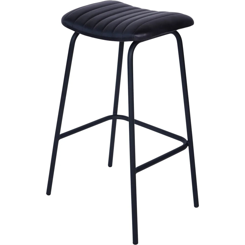 Charcoal leather bar stool with black metal legs and ribbed seat design.