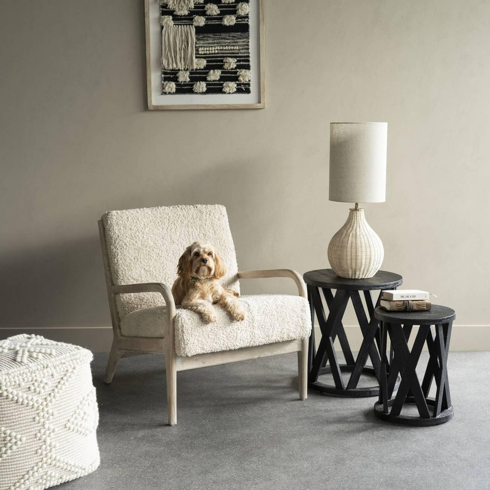 Cream textured armchair with a dog, beside black side tables and a lamp.