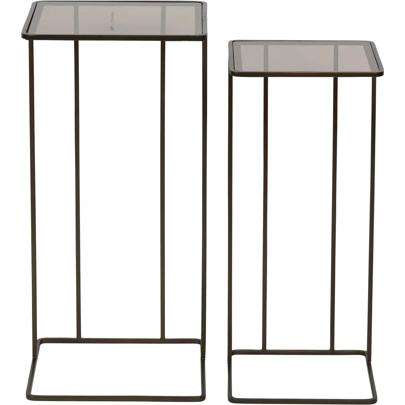 Dark gold metal side tables with glass tops, two sizes shown.