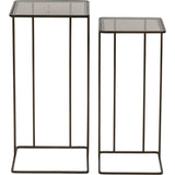 Dark gold metal side tables with glass tops, two sizes shown.