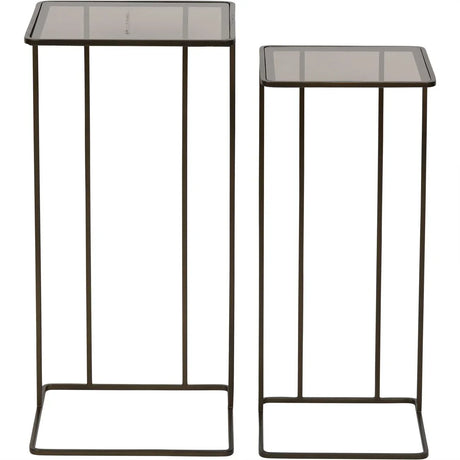 Dark gold metal side tables with glass tops, two sizes shown.