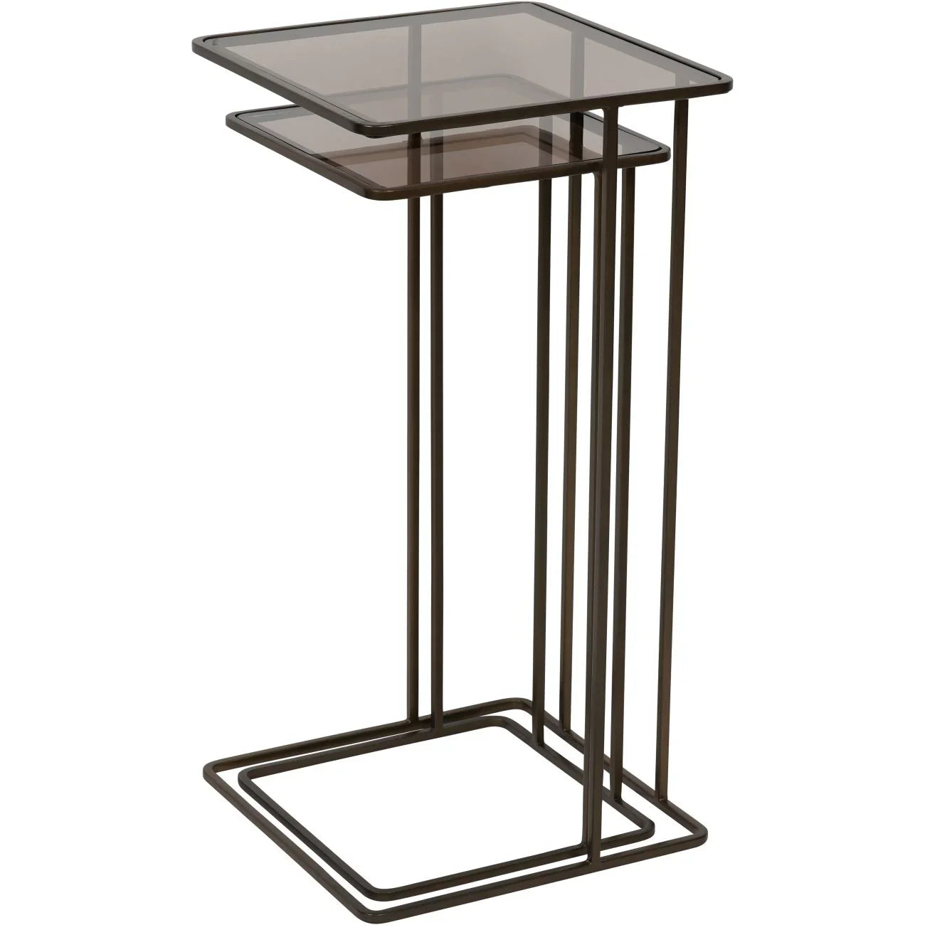 Dark gold metal side tables with glass tops, nested design.