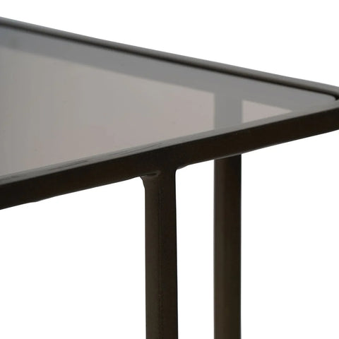 Dark gold metal frame with glass top corner detail.