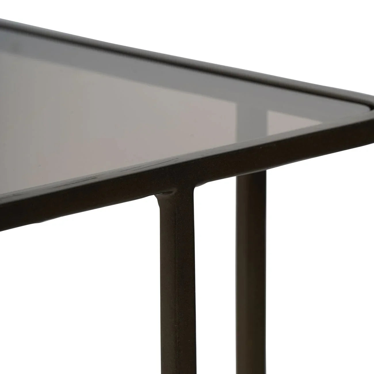 Dark gold metal frame with glass top corner detail.