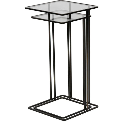 Dark bronze metal side table with glass top and minimalist design.