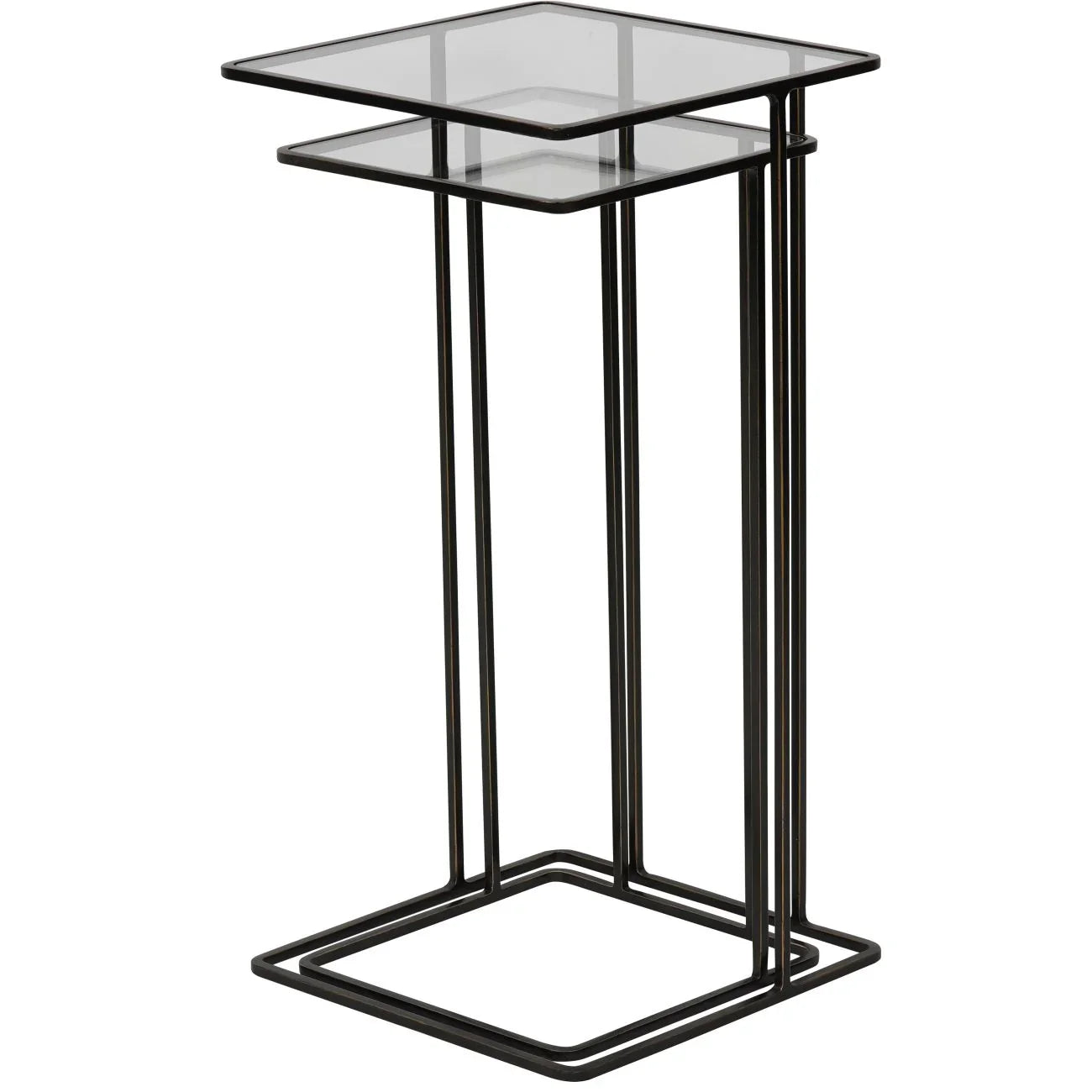 Dark bronze metal side table with glass top and minimalist design.