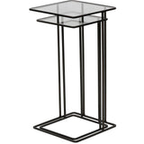 Dark bronze metal side table with glass top and minimalist design.