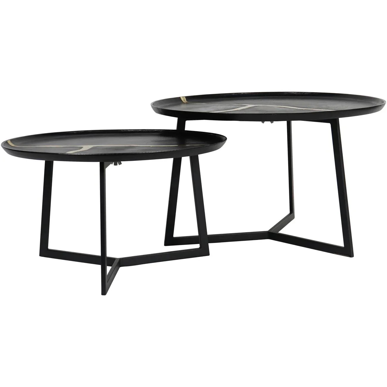 Black round coffee tables with sleek metal legs.