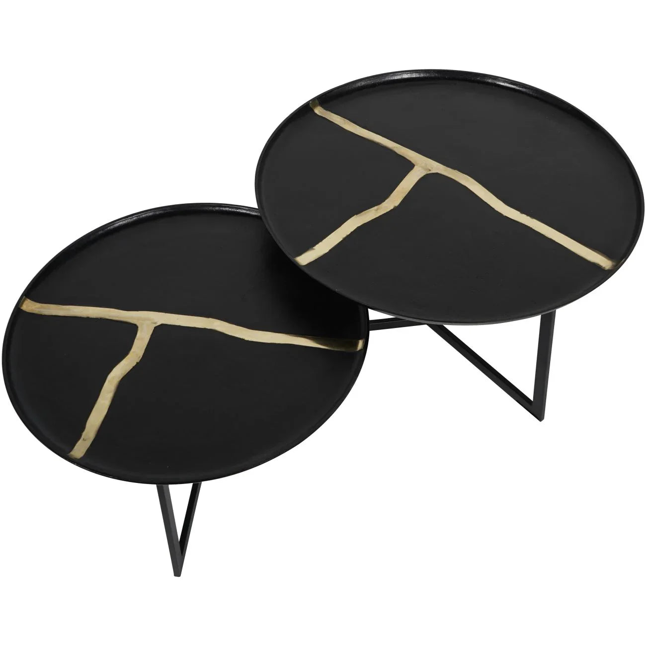 Black round coffee tables with gold accent lines and tripod legs.