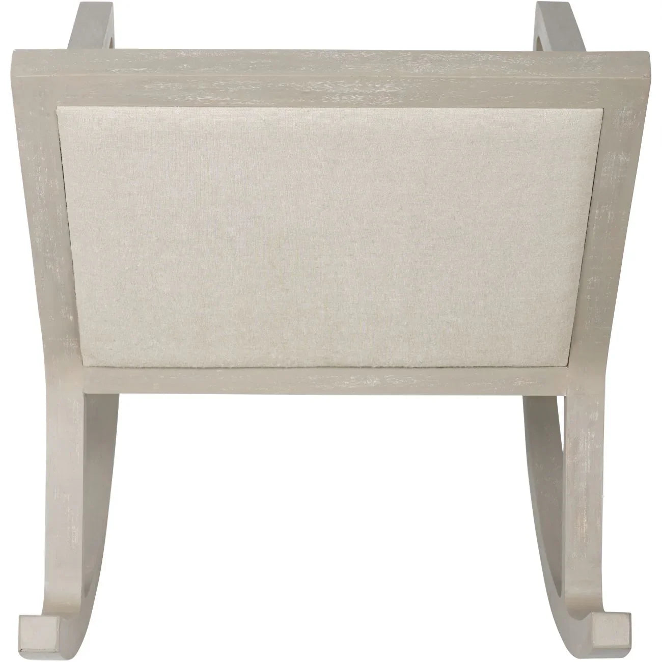 Beige fabric rocking chair backrest with light wood frame.