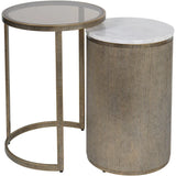 Round nesting tables with aged gold frames and marble tops.