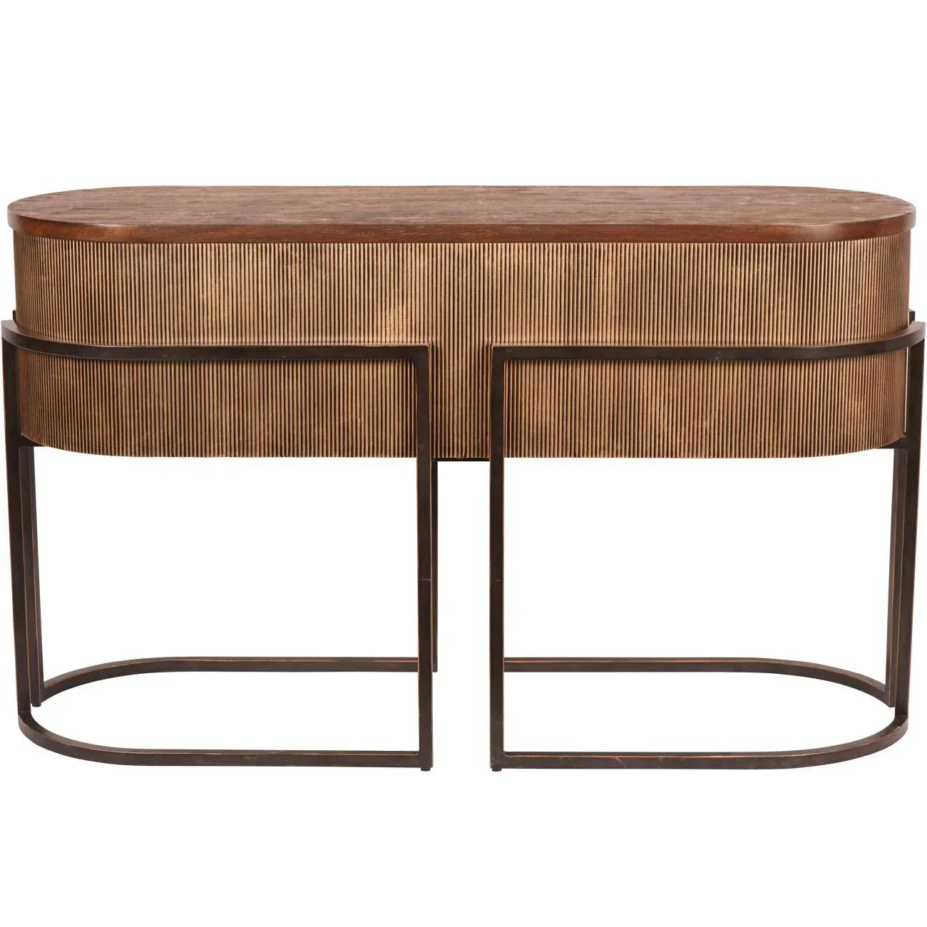 Gold console table with corrugated texture and curved metal legs.