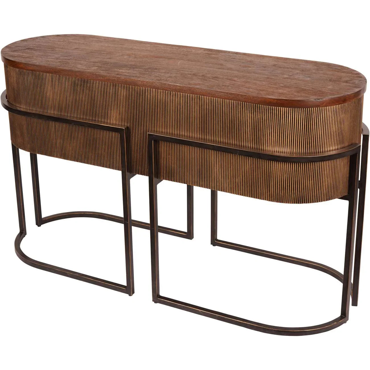 Brown console table with corrugated gold detailing and metal frame.