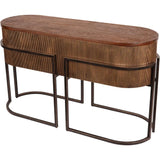 Brown console table with corrugated gold detailing and metal frame.